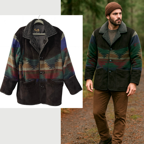 Scully M Vintage Southwestern Jacket Suede & Wool Aztec Western Coat Sherpa 40 - Picture 1 of 16